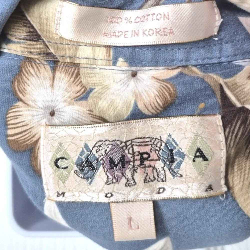 Vintage‎ Campia 100% Cotton Button Down Light Blue Tan Hawaiian Shirt Mens L